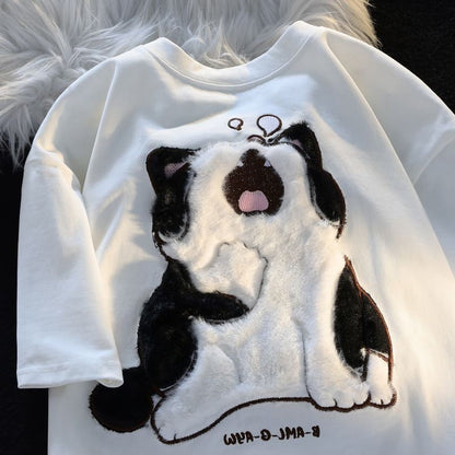 Cartoon Embroidery Sleeper Kitty Cat T-Shirt