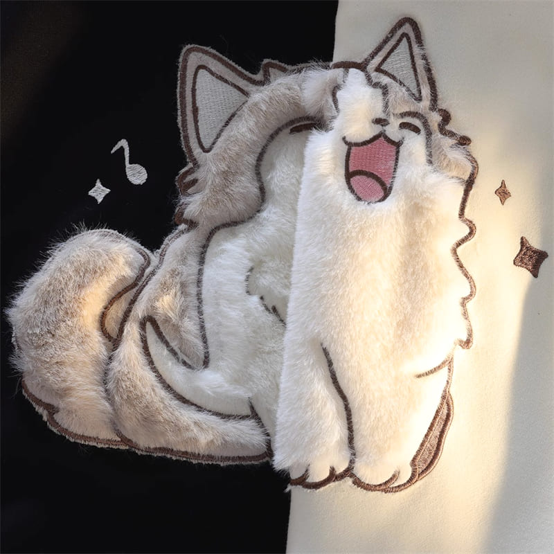 Cartoon Embroidery Singing Kitty Cat Hoodie