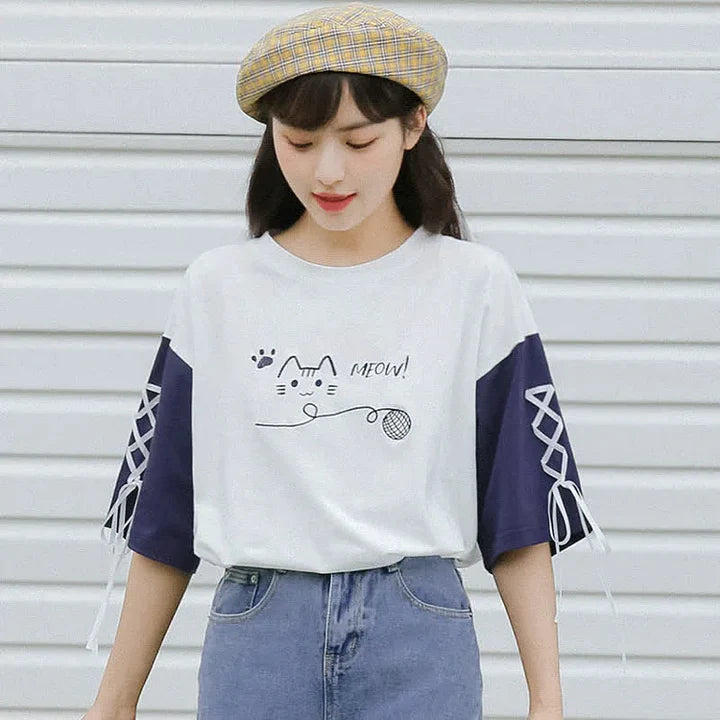 Cartoon Kitty Cat Letter Print Lace Up T-Shirt