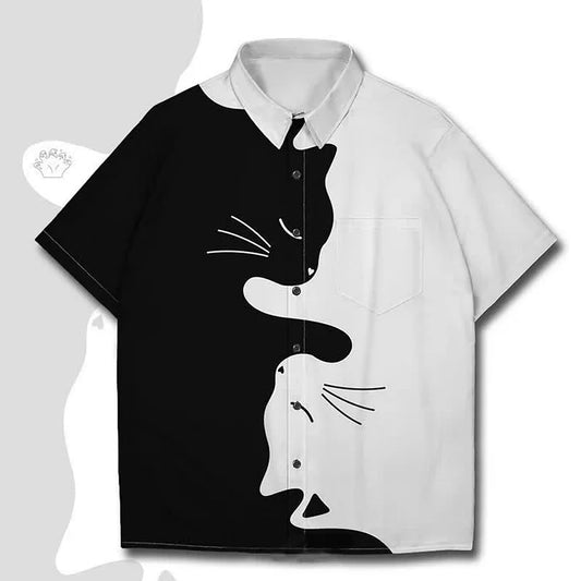 Colorblock Couple Kitty Cat Print Casual Polo T-Shirt