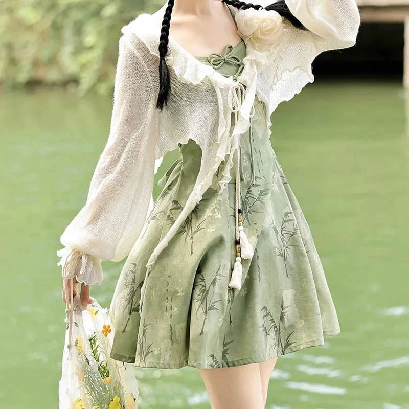 Vintage Flower Top Bow Leaf Print Slip Dress Two Pieces Meowhiskers