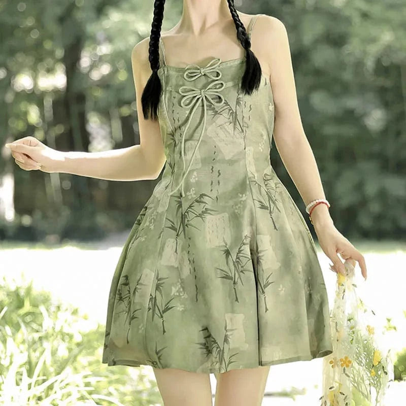 Vintage Flower Top Bow Leaf Print Slip Dress Two Pieces Meowhiskers