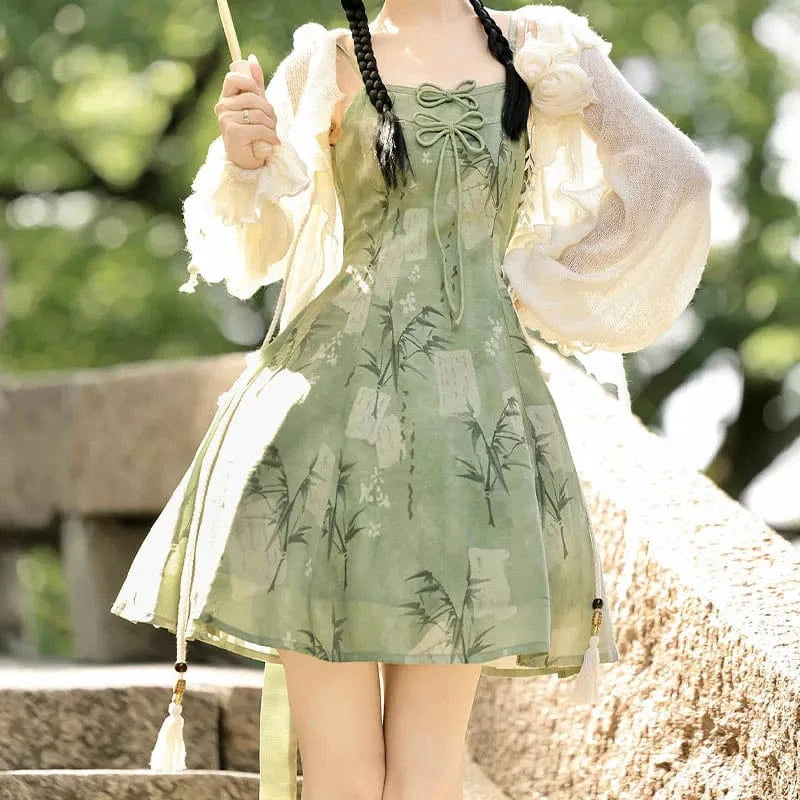 Vintage Flower Top Bow Leaf Print Slip Dress Two Pieces Meowhiskers