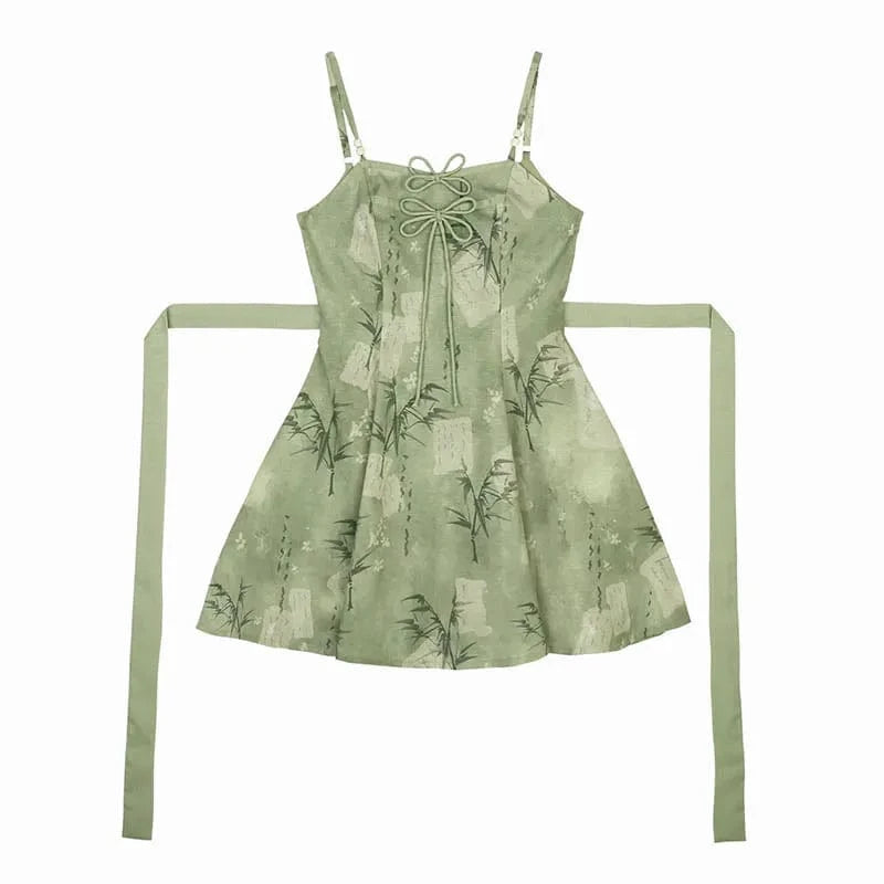 Vintage Flower Top Bow Leaf Print Slip Dress Two Pieces Meowhiskers