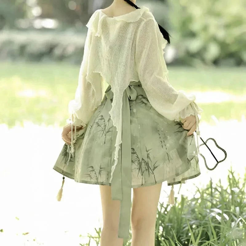 Vintage Flower Top Bow Leaf Print Slip Dress Two Pieces Meowhiskers