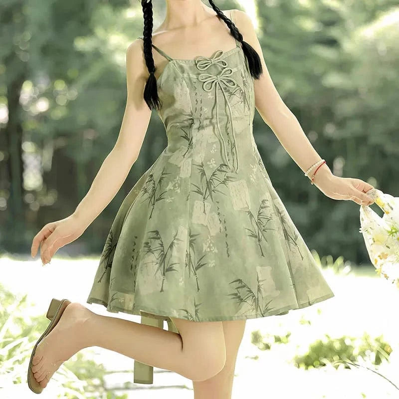 Vintage Flower Top Bow Leaf Print Slip Dress Two Pieces Meowhiskers