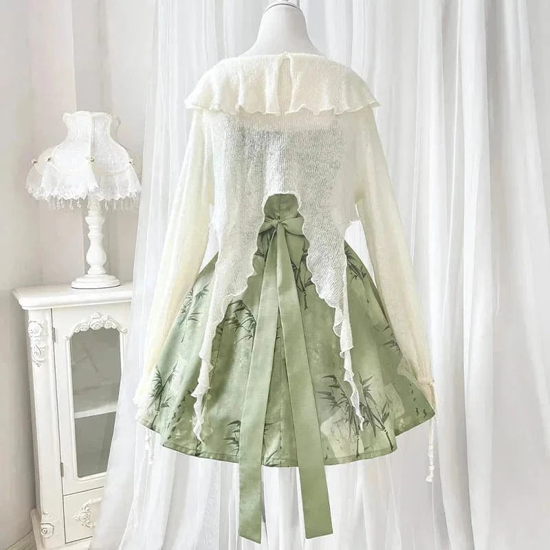 Vintage Flower Top Bow Leaf Print Slip Dress Two Pieces Meowhiskers