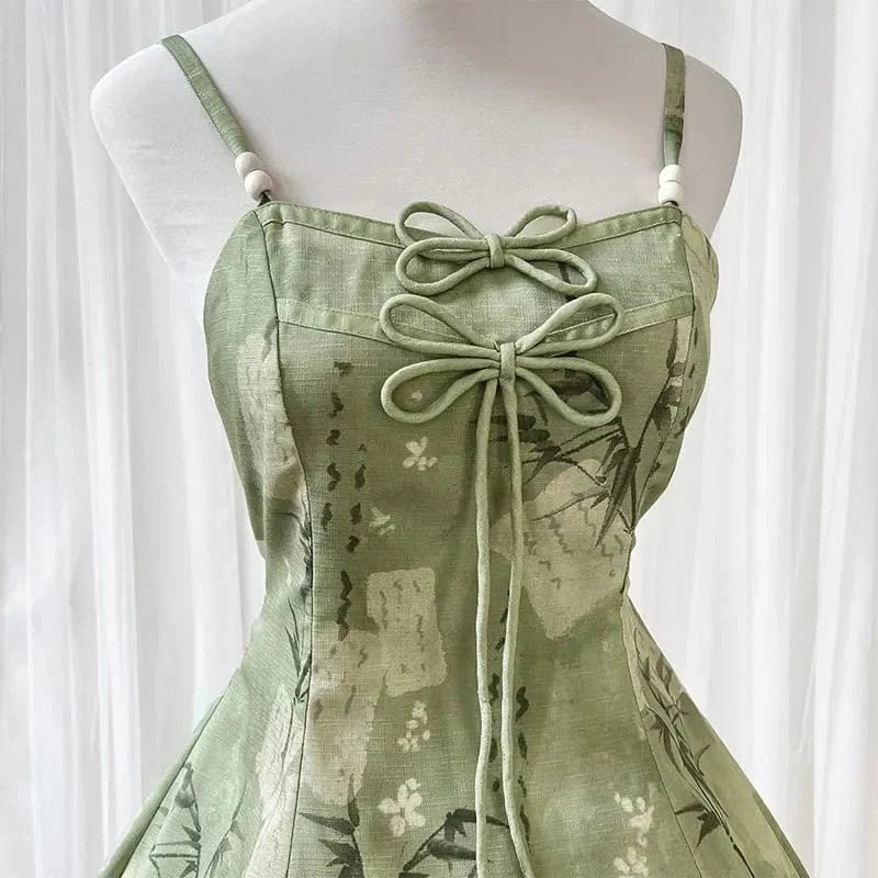Vintage Flower Top Bow Leaf Print Slip Dress Two Pieces Meowhiskers