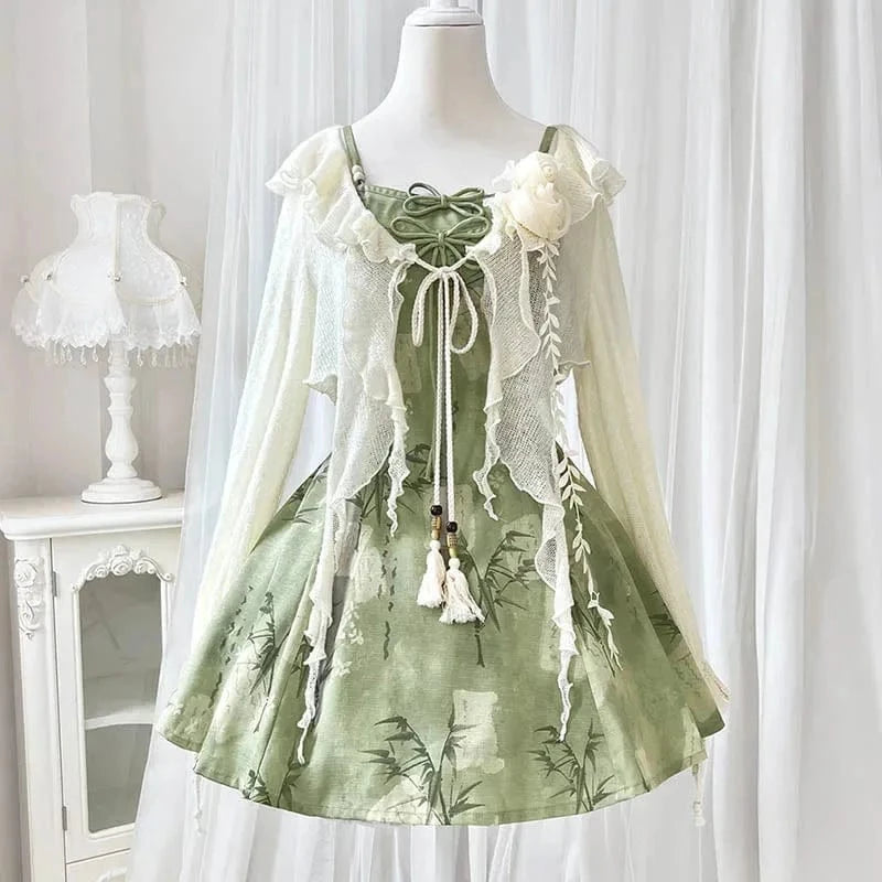 Vintage Flower Top Bow Leaf Print Slip Dress Two Pieces Meowhiskers
