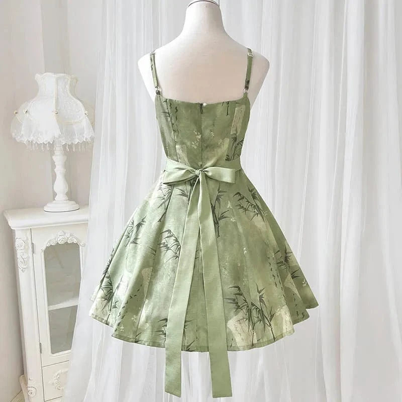 Vintage Flower Top Bow Leaf Print Slip Dress Two Pieces Meowhiskers