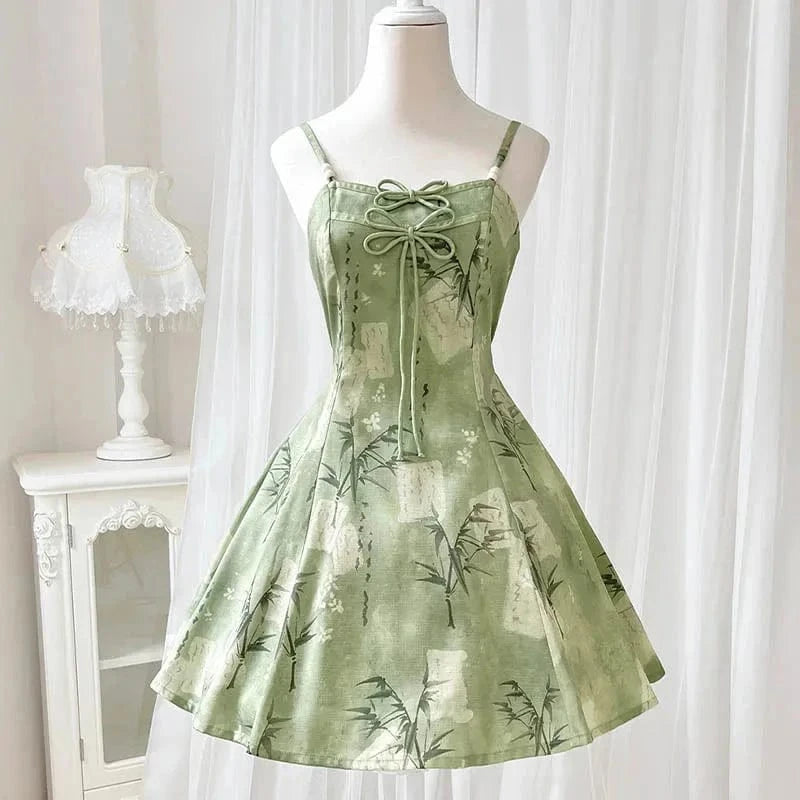 Vintage Flower Top Bow Leaf Print Slip Dress Two Pieces Meowhiskers