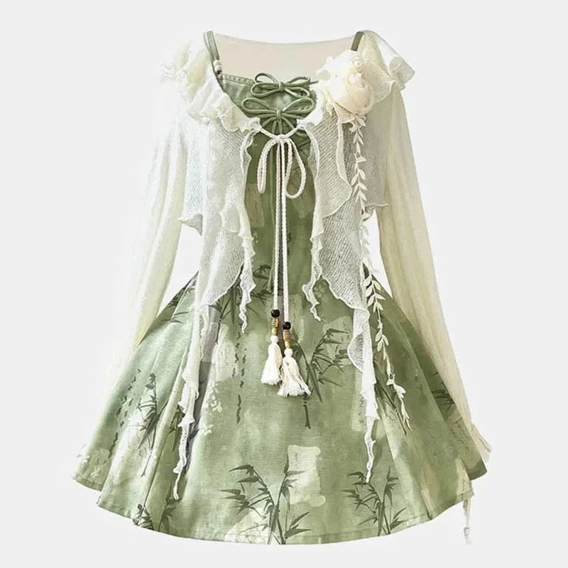 Vintage Flower Top Bow Leaf Print Slip Dress Two Pieces Meowhiskers