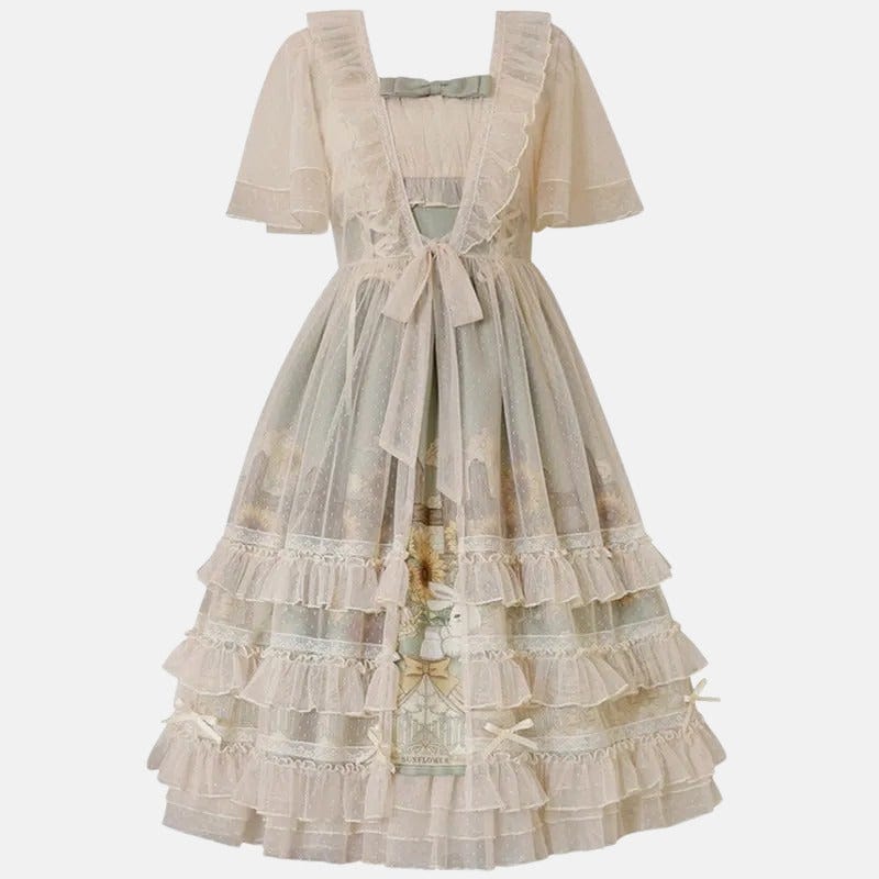 Vintage Sunflower Bunny Print Bow Lolita Lace-up Slip Dress  Meowhiskers