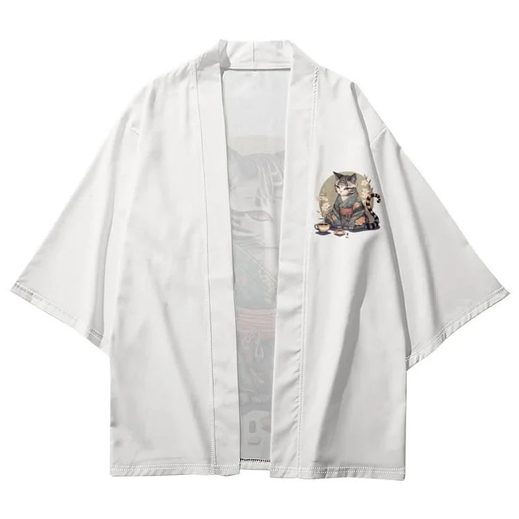 Vintage Cat Warriors Print Kimono Outerwear