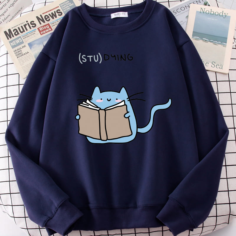 Cartoon Kitty Cat Studying Sweatshirt