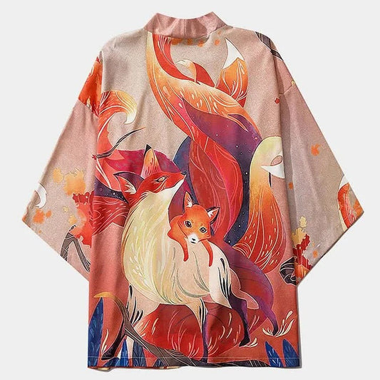 Vintage Anime Nine Tailed Fox Print Kimono Outerwear