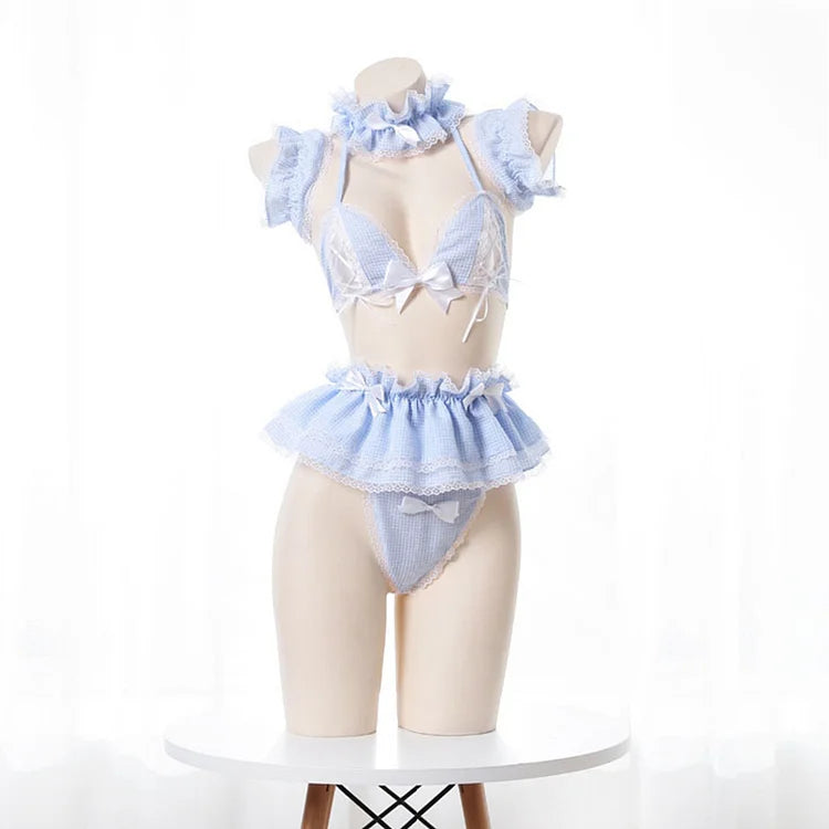 Bowknot Lace Plaid Cosplay Maid Bikini Lingerie Set