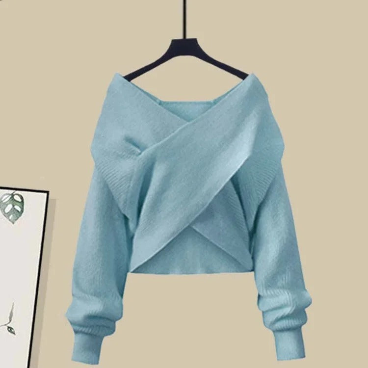Cross Knit Sweater Shirt Irregular Skirt Three Piece Set