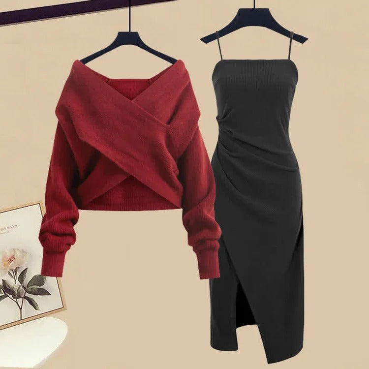 Cross Knit Sweater Ruffled Split Slip Dress Two Piece Set