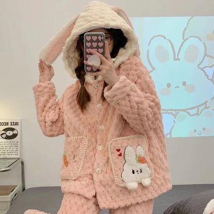Kawaii Cartoon Bunny Bear Pattern Plush Hooded Pajamas