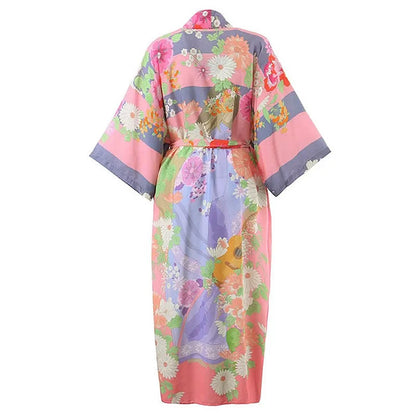 Vintage Floral Print Colorblock Robe Cardigan Kimono Outerwear