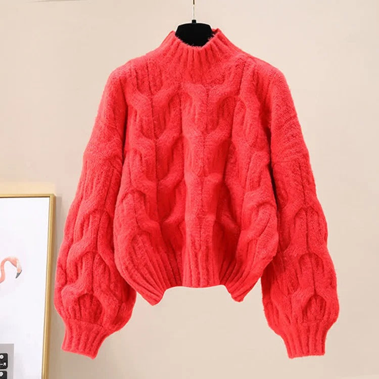Preppy Pure Color Cable Sweater Slip Dress Two Piece Set