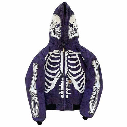 Punk Gothic Skeleton Print Zipper Hooded Sweatshirt