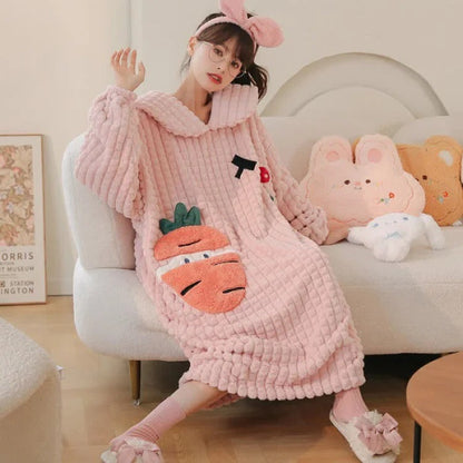 Kawaii Cartoon Embroidery Lapel Plush Pajamas Dress