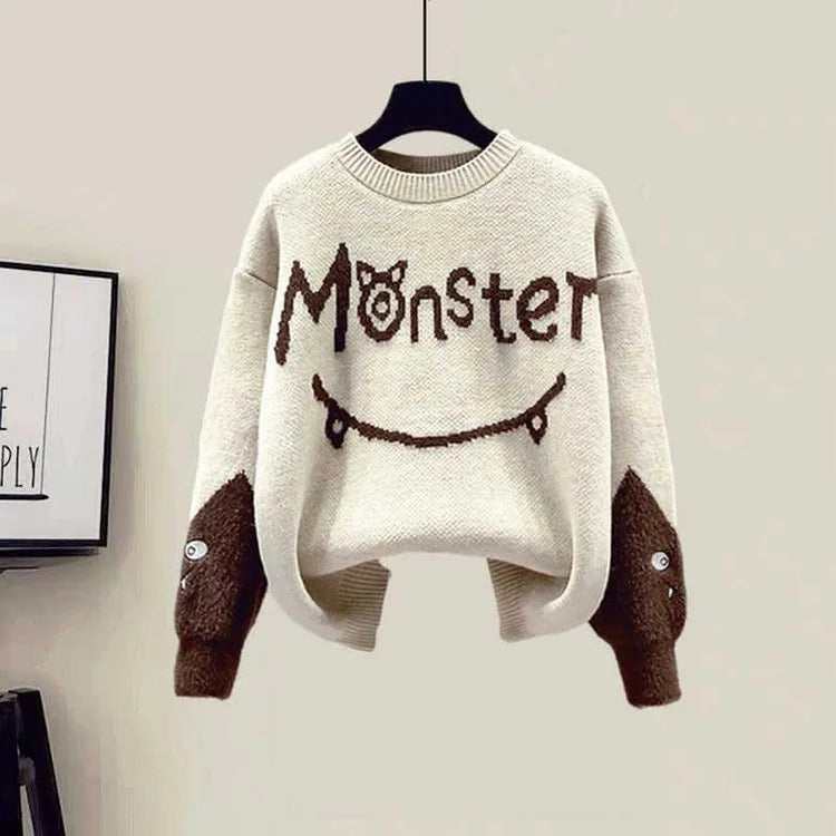 Monster Letter Knit Sweater Vest Coat Casual Pants Three Piece Set