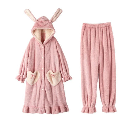 Kawaii Bunny Ears Heart Pockets Hooded Pajamas Set