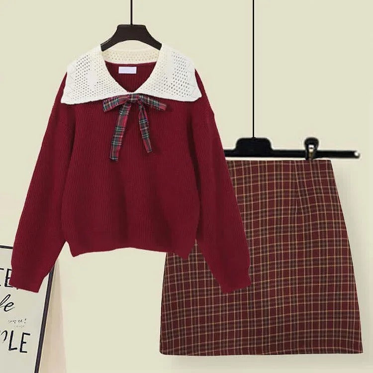 Bowknot Uniform Sweater Plaid Skirt Two Piece Set