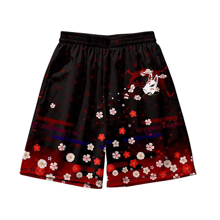 Vintage Sakura Fox Print Casual Shorts