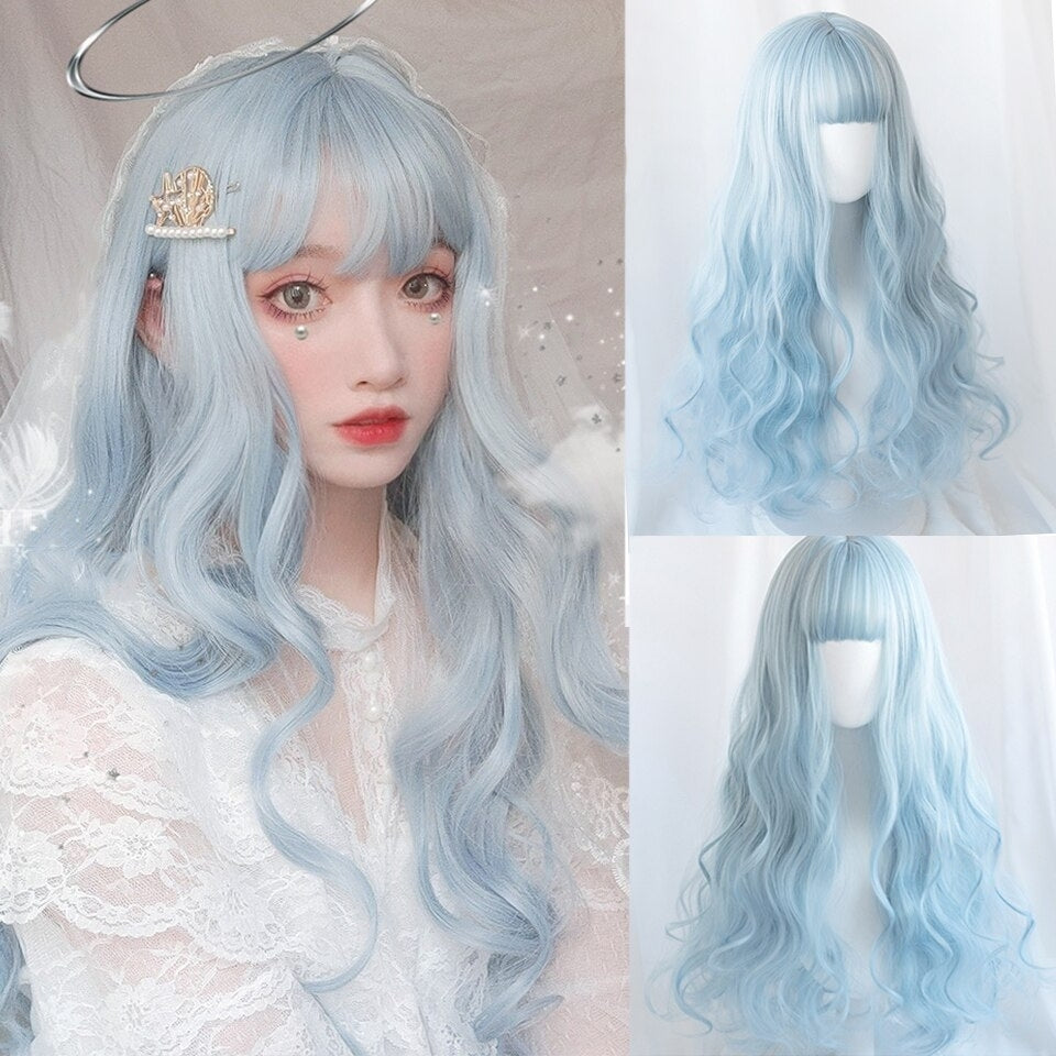 Gradient Blue Long Wavy Curly Hair Wig