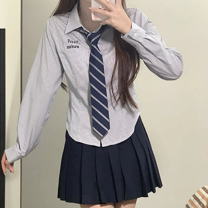 Letter Embroidery Striped Tie Polo T-Shirt Pleated Skirt JK Uniform