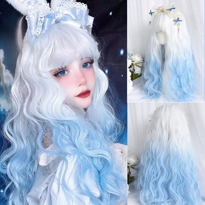 Long Wavy White Ombre Light Blue Wigs With Bangs