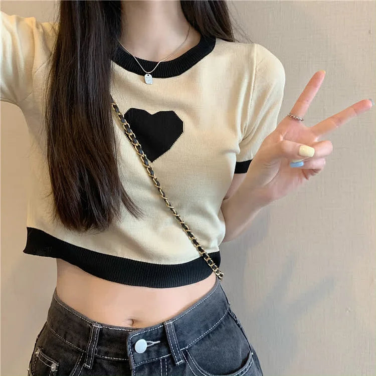 Chic Love Heart Print T-Shirt Lattice Flouncing Split Skirt Two Piece Set