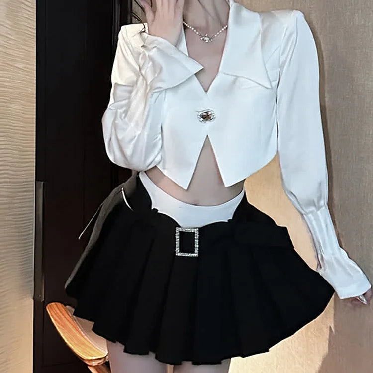 Long Sleeve Lapel Blazer High Waist Belted Pleated Skirt
