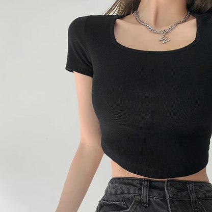 Chic Pure Color Round Neck Crop Top T-Shirt