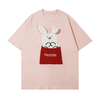 Cartoon Bunny Letter Embroidery Round Neck T-Shirt