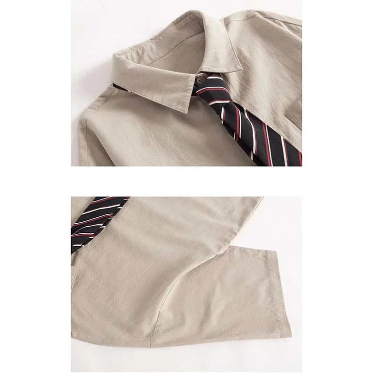 Pocket Tie Shirt Uniform Irregular Lace Up Slip Dress Two Piece Set