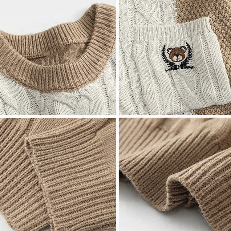 Preppy Bear Knit Sweater Shirt High Waist Denim Pants Three Piece Set