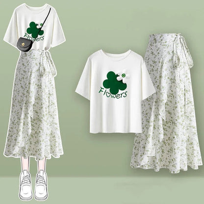 Puff Sleeve Collar Lapel T-Shirt Floral Print Skirt Two Piece Set