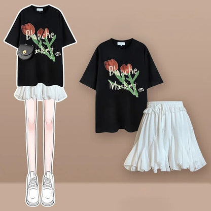 Floral Tulip Cherry Blossom Print T-Shirt Pleated Skirt Two Piece Set