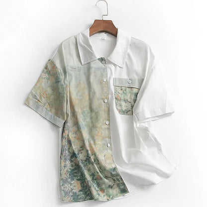 Vintage Scenery Colorblock Pocket Print T-Shirt Workwear