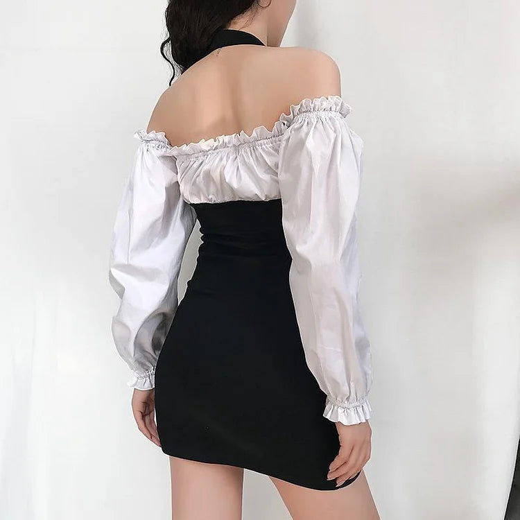 Chic Off The Shoulder Ruffle Fake Two-Piece Short Dress