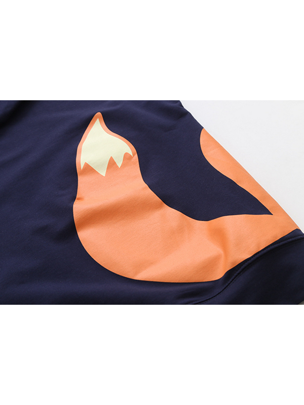 Cartoon Fox Leaf Print Drawstring Hooded T-Shirt