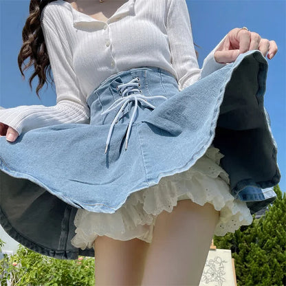 High Waist Lace Undershorts Lace-Up Denim Pleated Skirt