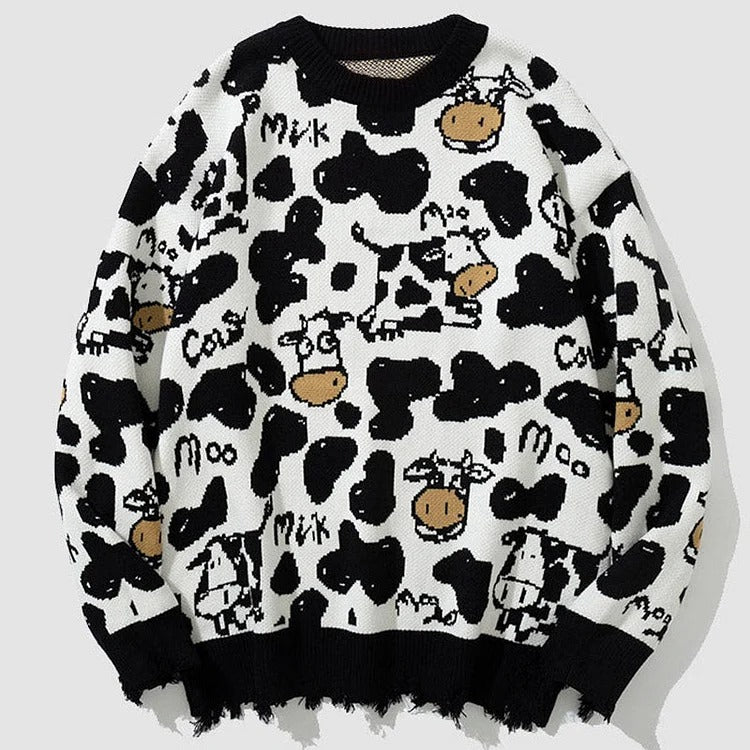 Cartoon Cow Splash Print Pullover Knit Sweater
