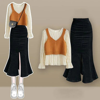 Vivid Color Vest Shirt High Waist Fishtail Denim Skirt Three Piece Set