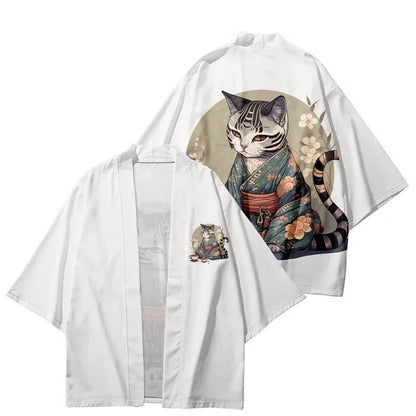 Vintage Cat Warriors Print Cardigan Kimono Outerwear